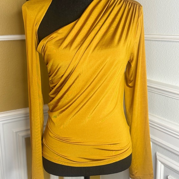 Asymmetric Ruched Long-Sleeve Jersey Top Elegant Mustard One-Shoulder Top SZ-10 - Picture 5 of 16